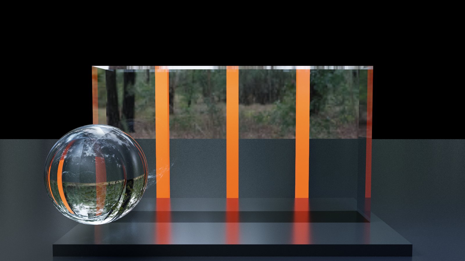 Glass sphere in front of a glass slab with orange bars, coloured global illumination rendered in Lumasmith