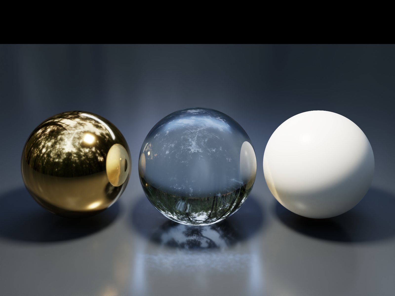 Gold, glass and matte white spheres casting caustics on a grey floor, rendered in Lumasmith