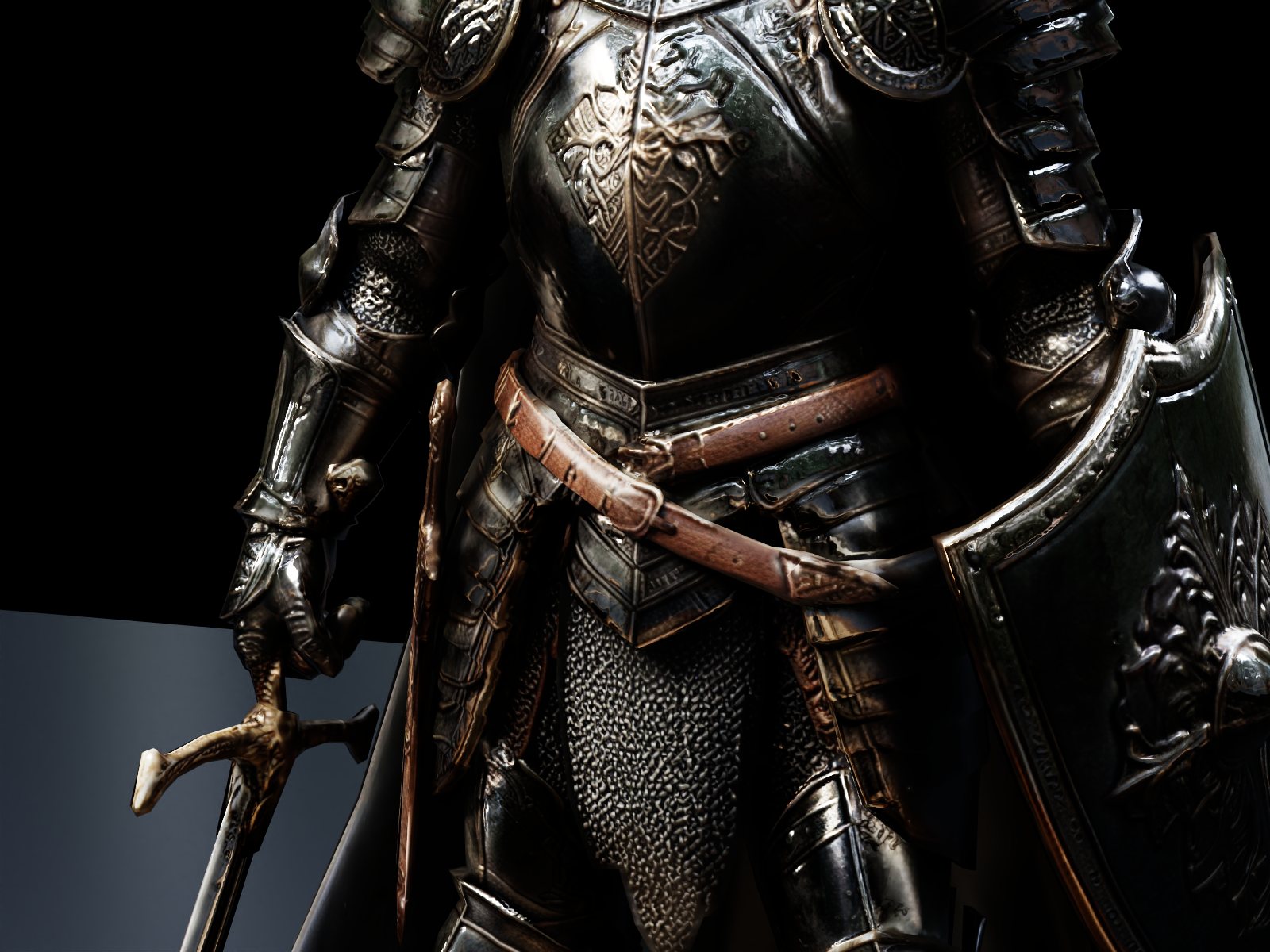 Knight armour with engraved plate, leather belt and chainmail rendered in Lumasmith