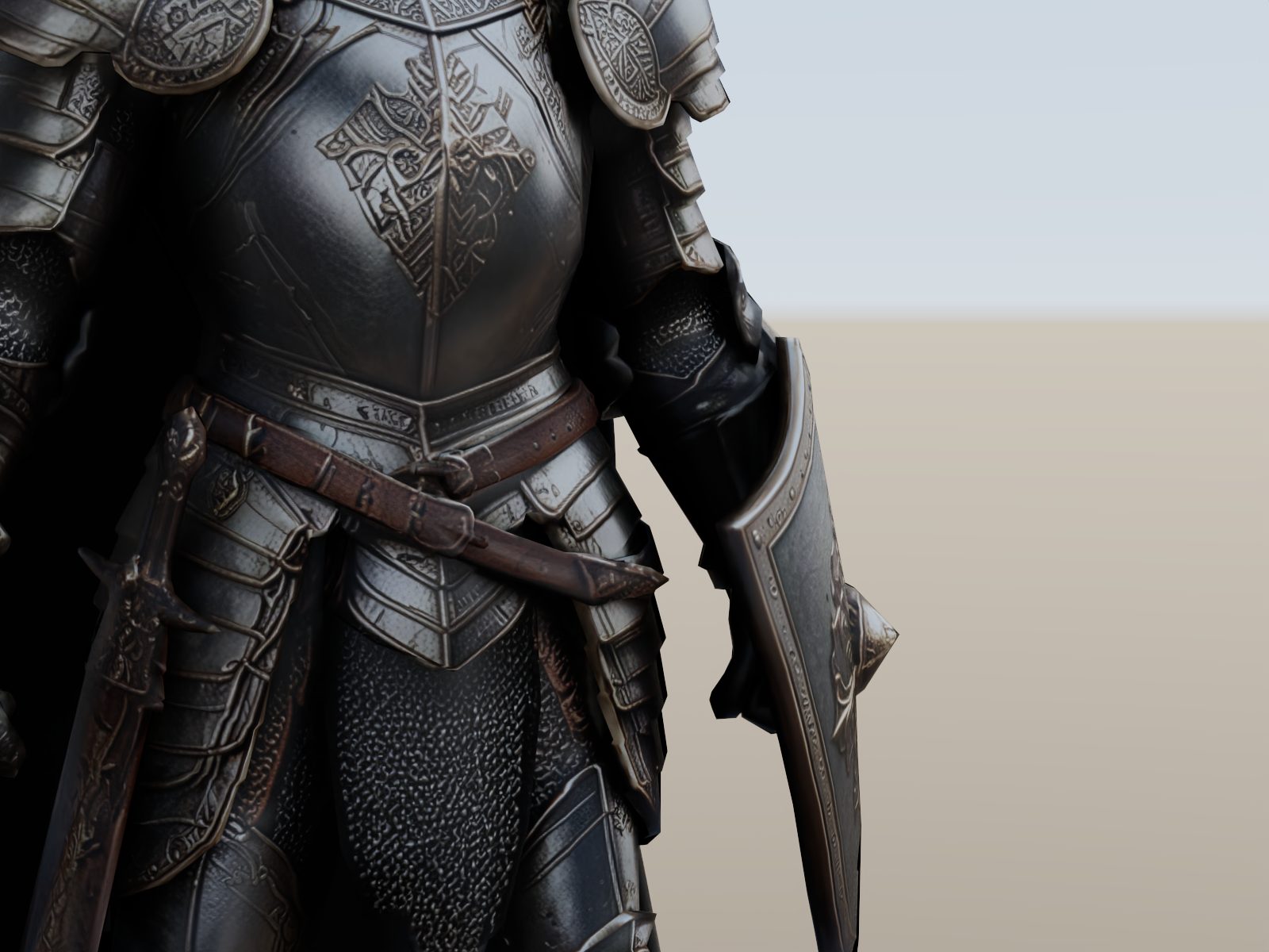 Armatura in acciaio spazzolato, placche incise e cintura in cuoio resa in Lumasmith