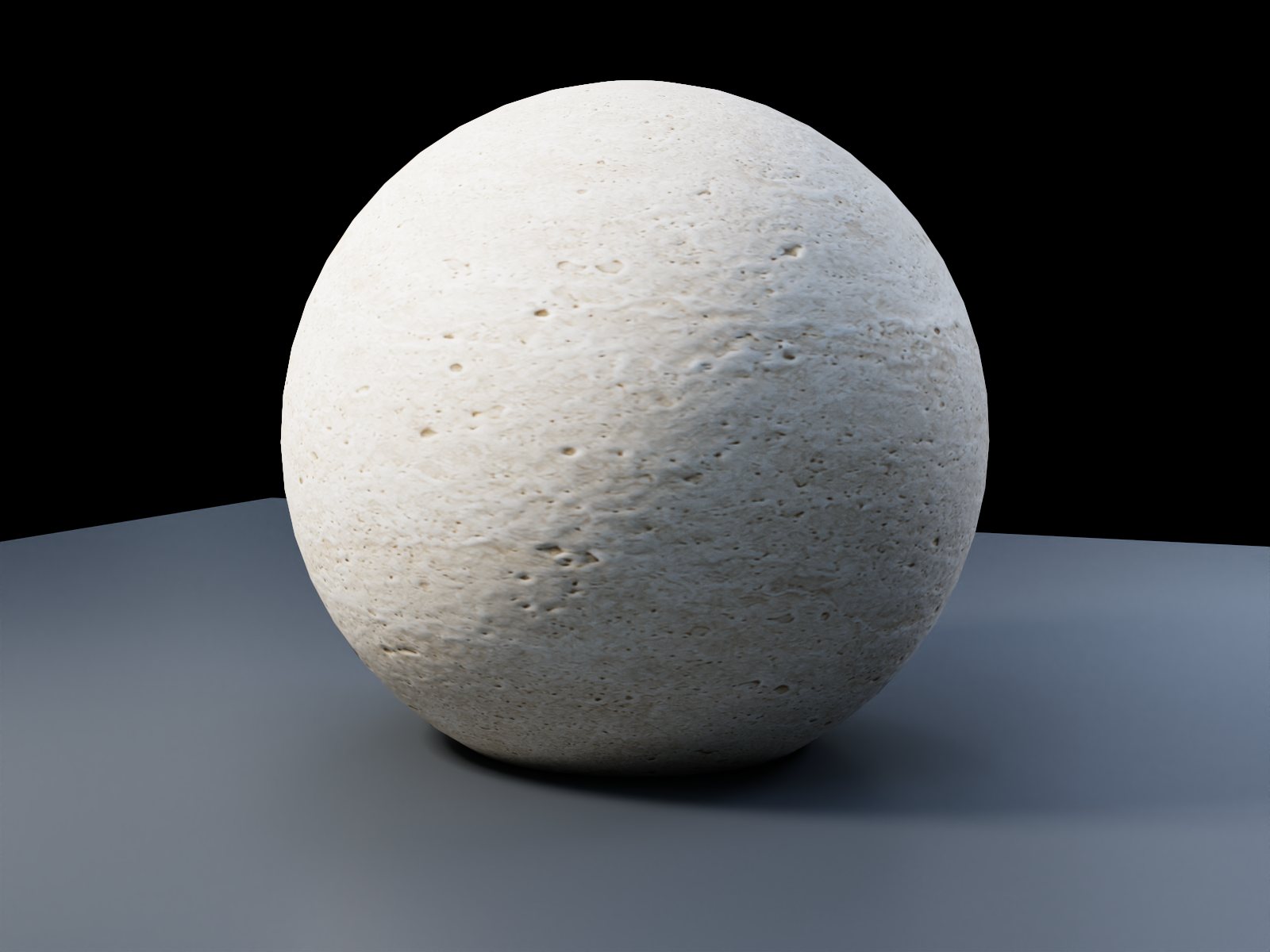 Travertine sphere with normal and roughness maps on a grey floor, rendered in Lumasmith