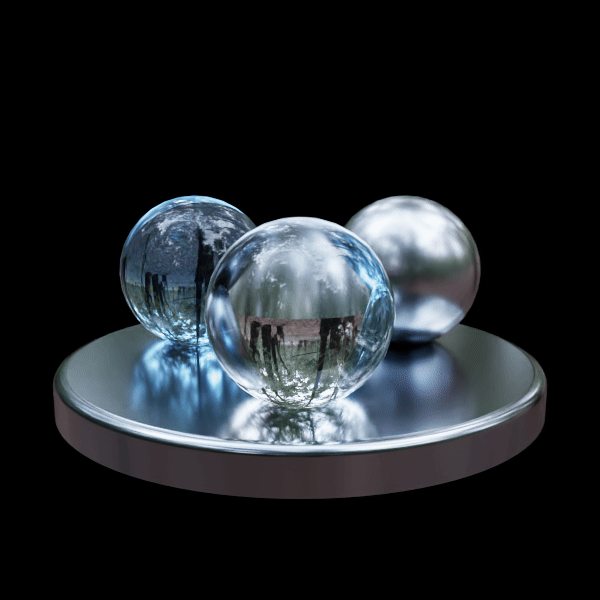 Seamless 360-degree turntable of clear glass, blue glass and rough metal spheres on a round metal base